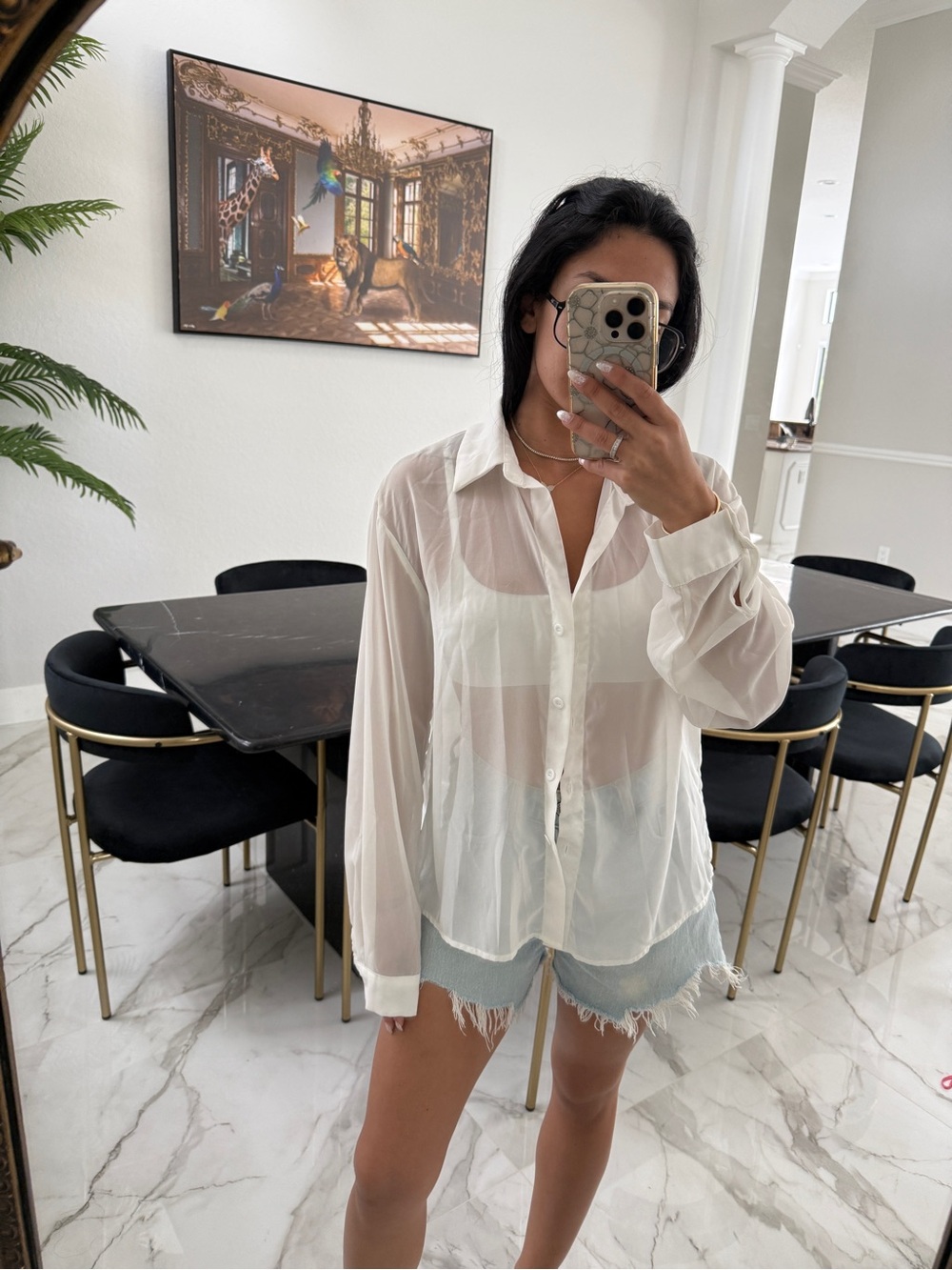 Shein White Sheer Button-Up Blouse